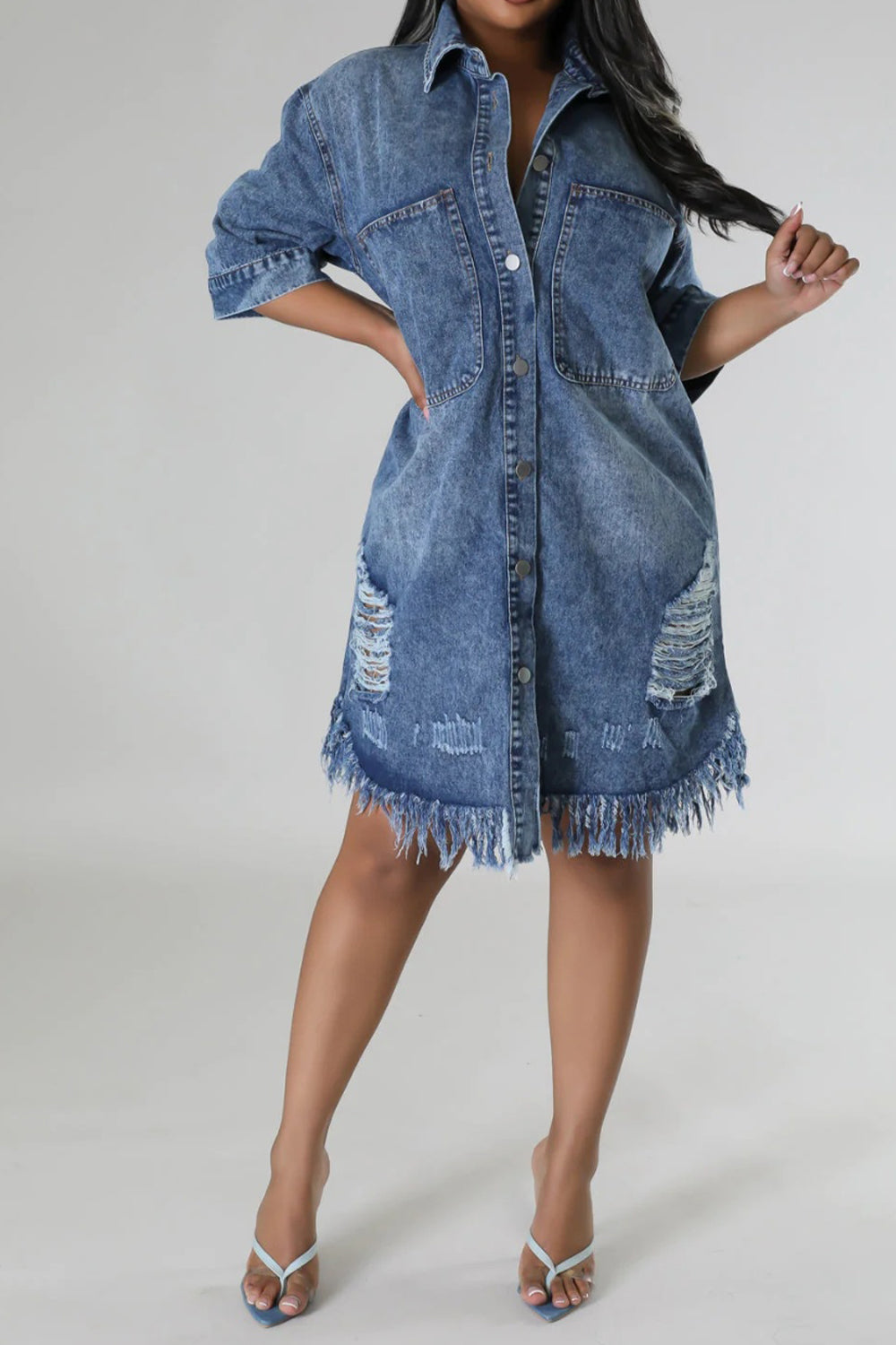 Distressed Raw Hem Button Up Denim Midi Dress