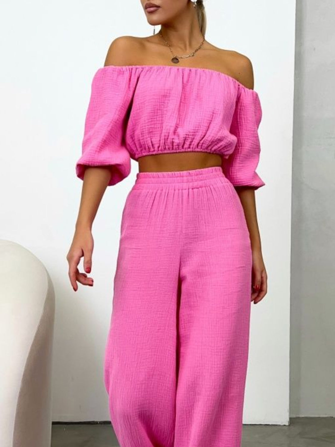 Off Shoulder Long Sleeve Crop Top and Pants Set