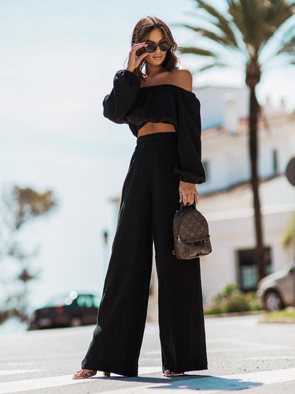 Off Shoulder Long Sleeve Crop Top and Pants Set