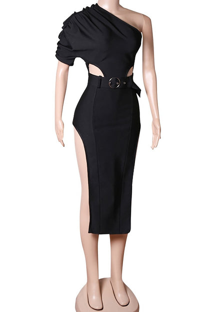 One Sleeve Double High Slit Cut-Out Midi Dress(with adjustable belt)