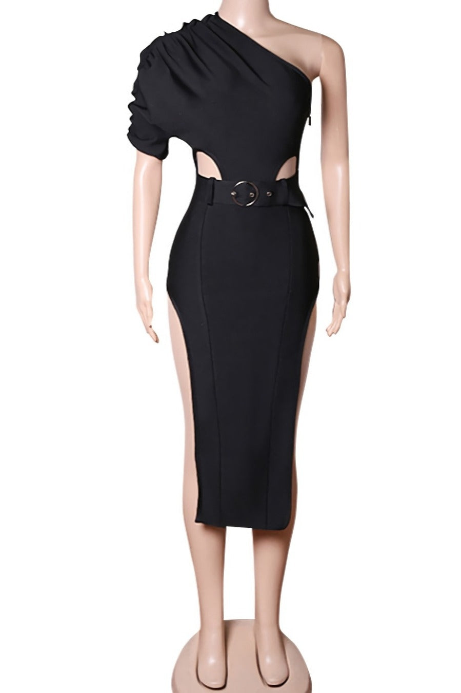 One Sleeve Double High Slit Cut-Out Midi Dress(with adjustable belt)