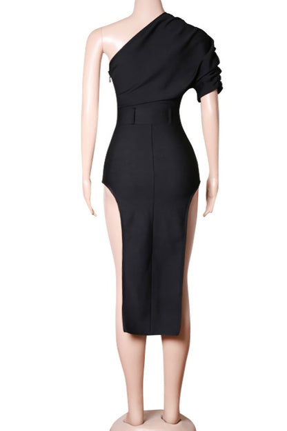 One Sleeve Double High Slit Cut-Out Midi Dress(with adjustable belt)