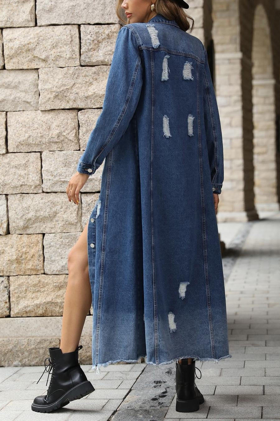 Single-Breasted Ripped Patches Maxi Denim Dress(without belt)