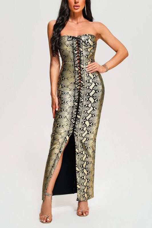 SNAKE PRINT STRAPLESS LACE-UP ZIP-UP SLIT MAXI DRESS