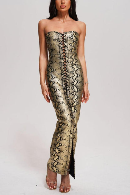 SNAKE PRINT STRAPLESS LACE-UP ZIP-UP SLIT MAXI DRESS