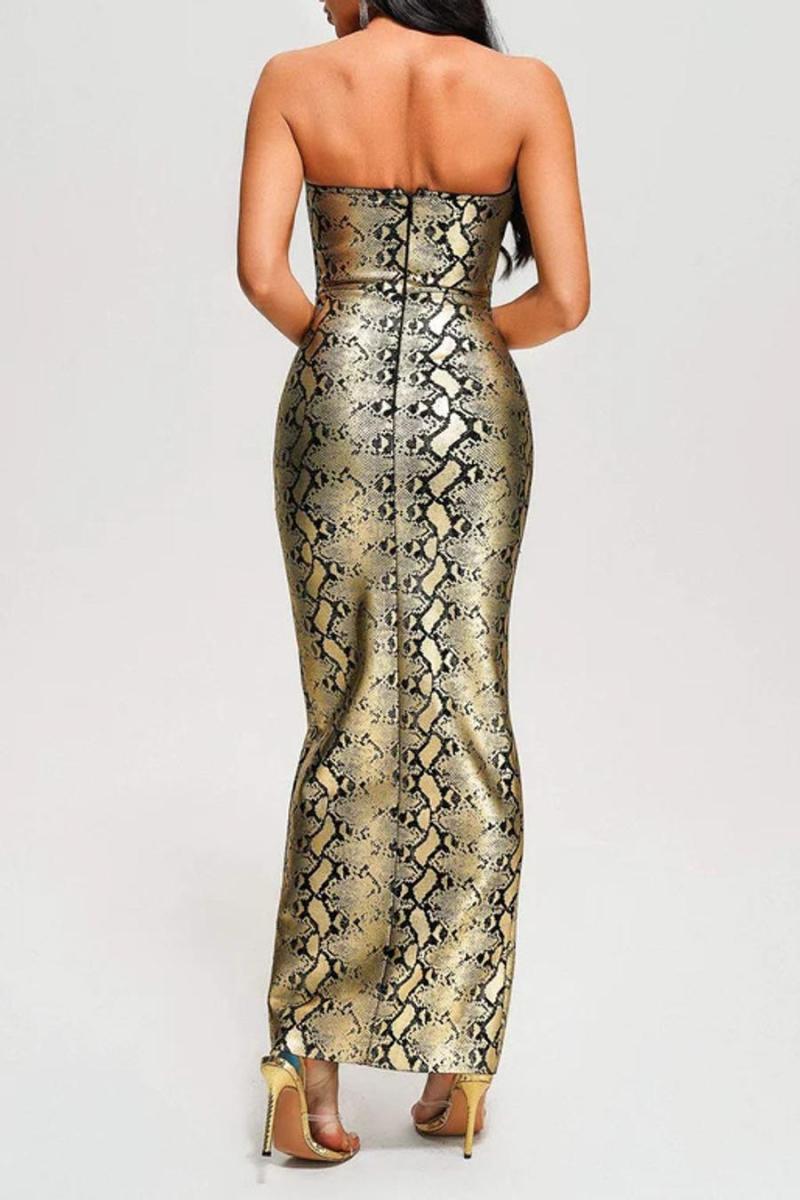 SNAKE PRINT STRAPLESS LACE-UP ZIP-UP SLIT MAXI DRESS