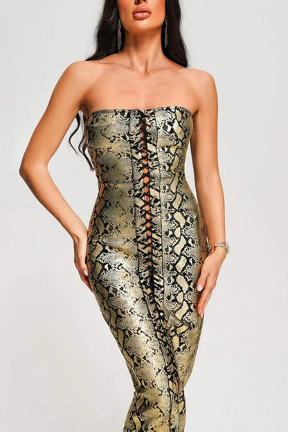 SNAKE PRINT STRAPLESS LACE-UP ZIP-UP SLIT MAXI DRESS