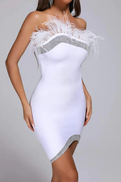 Strapless Feather Rhinestone Detailed Mini Dress