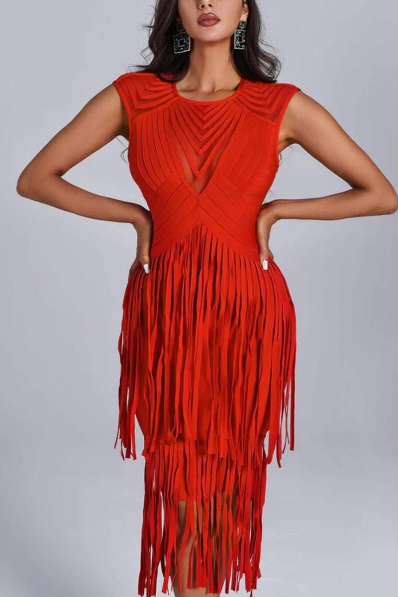 Red Engine Tassel Decor Midi Dress