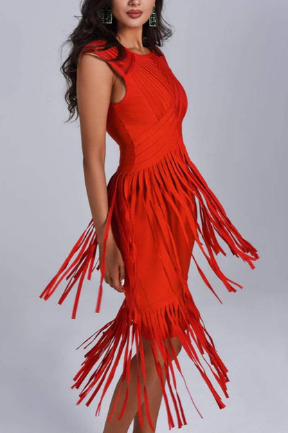 Red Engine Tassel Decor Midi Dress