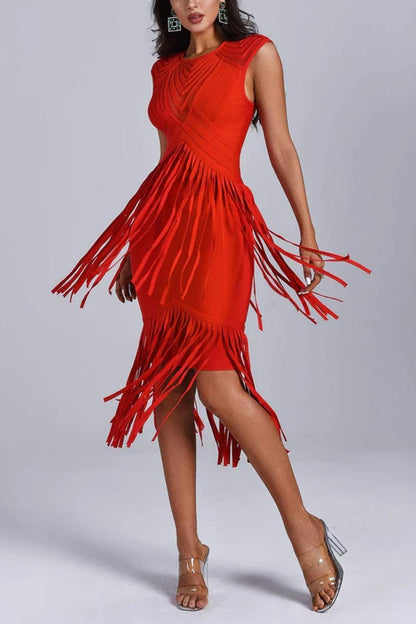 Red Engine Tassel Decor Midi Dress