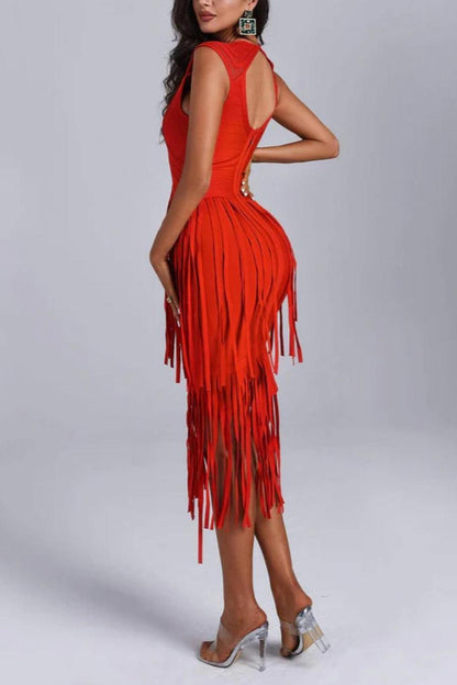 Red Engine Tassel Decor Midi Dress