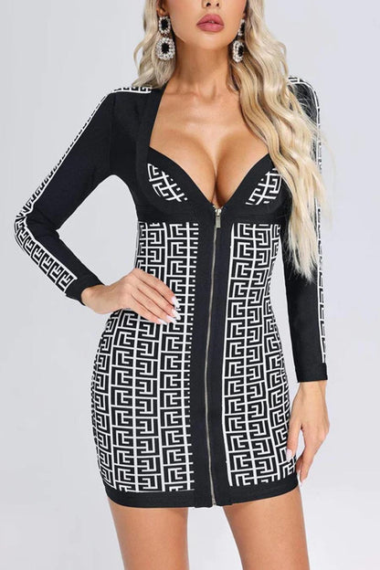 Deep V-Neck Greek Key Print Mini Dress