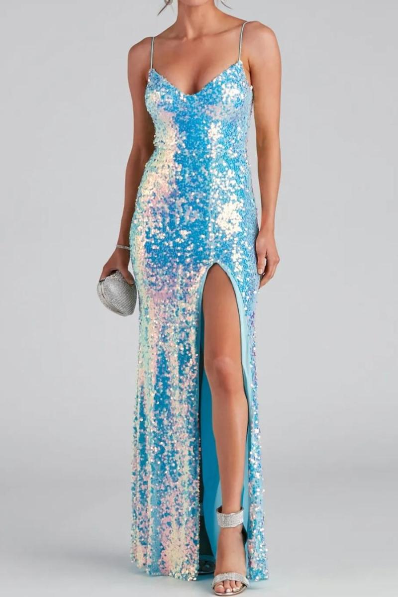 Tiffany Blue Sequin Decor V-Neck High Slit Maxi Dress (S-2XL)