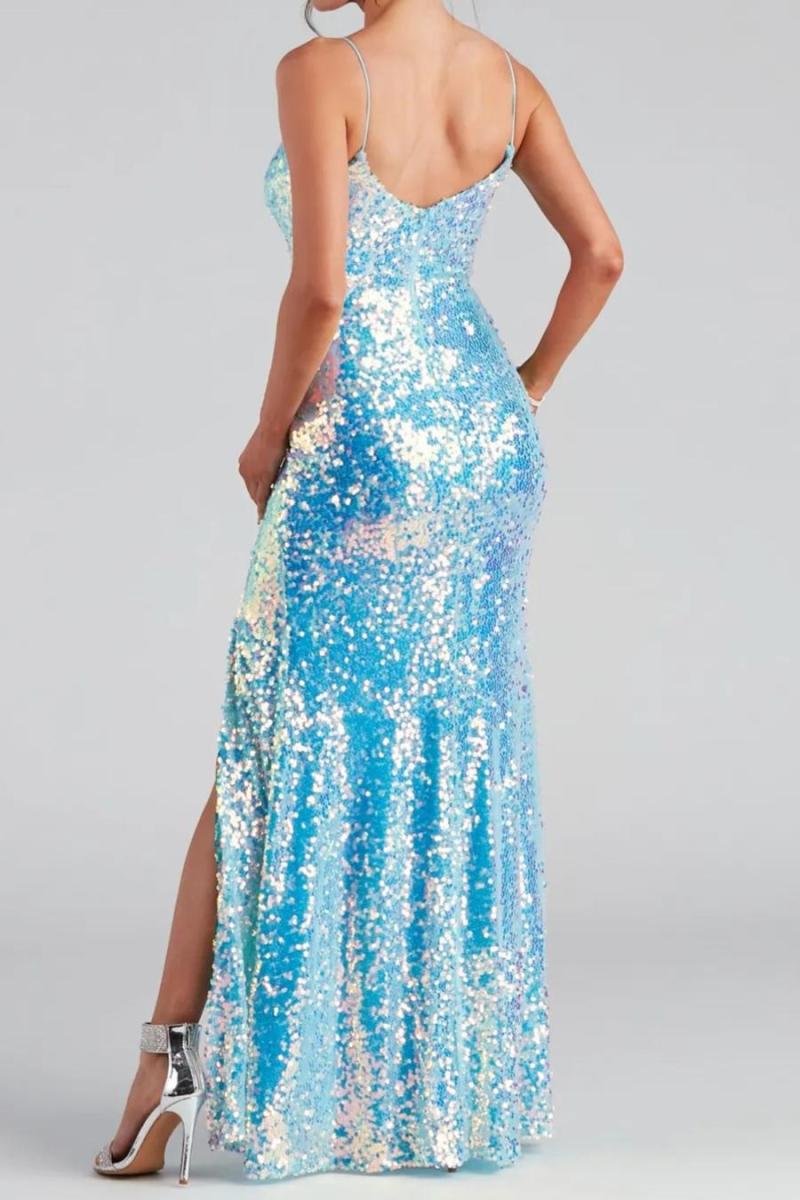 Tiffany Blue Sequin Decor V-Neck High Slit Maxi Dress (S-2XL)