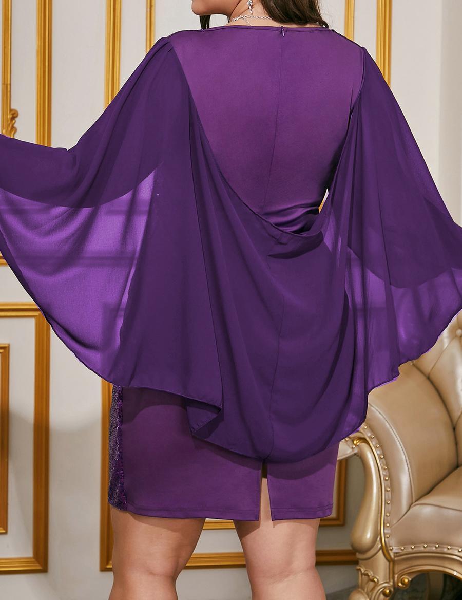 Plus Size Purple Chiffon Cape Sequin Slit Mini Dress