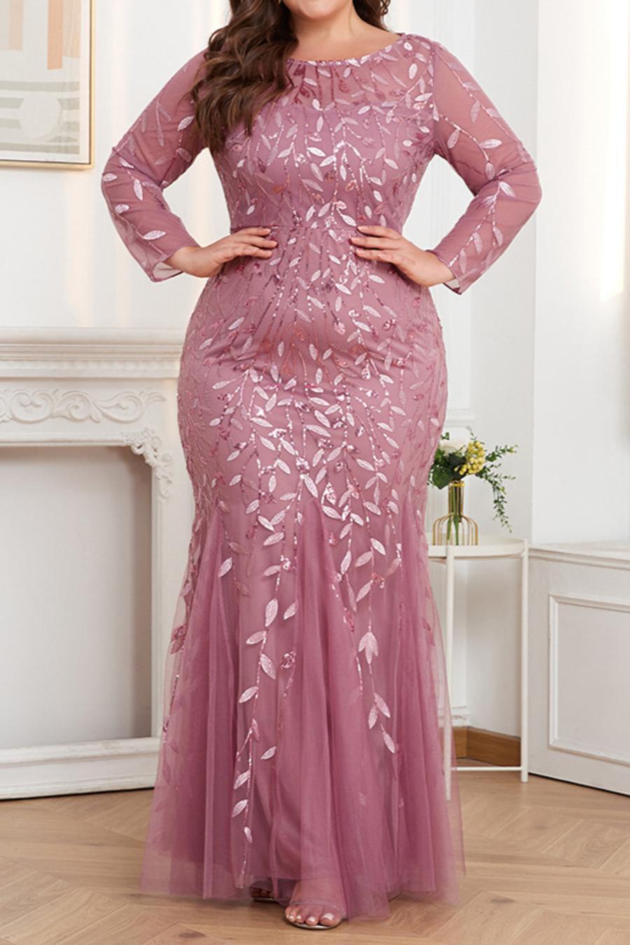 Plus Size Mesh Sequin Embroidery Mermaid Hem Maxi Dress