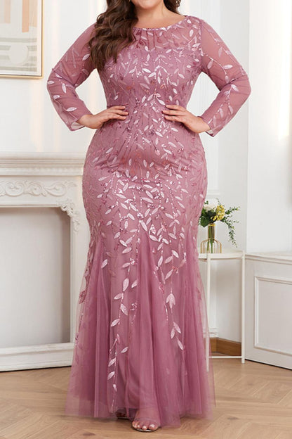 Plus Size Mesh Sequin Embroidery Mermaid Hem Maxi Dress