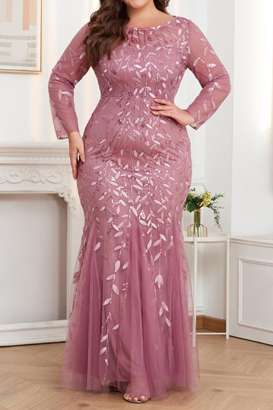 Plus Size Mesh Sequin Embroidery Mermaid Hem Maxi Dress