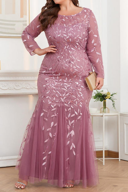 Plus Size Mesh Sequin Embroidery Mermaid Hem Maxi Dress