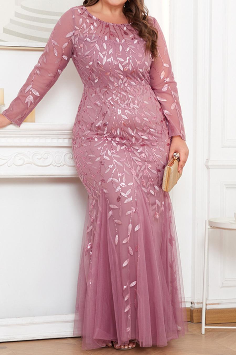 Plus Size Mesh Sequin Embroidery Mermaid Hem Maxi Dress