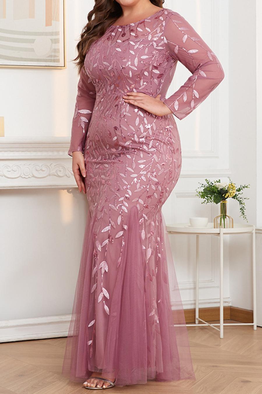 Plus Size Mesh Sequin Embroidery Mermaid Hem Maxi Dress