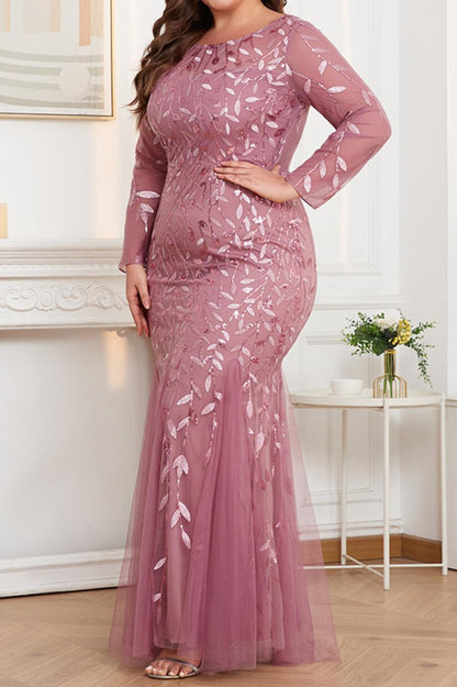 Plus Size Mesh Sequin Embroidery Mermaid Hem Maxi Dress