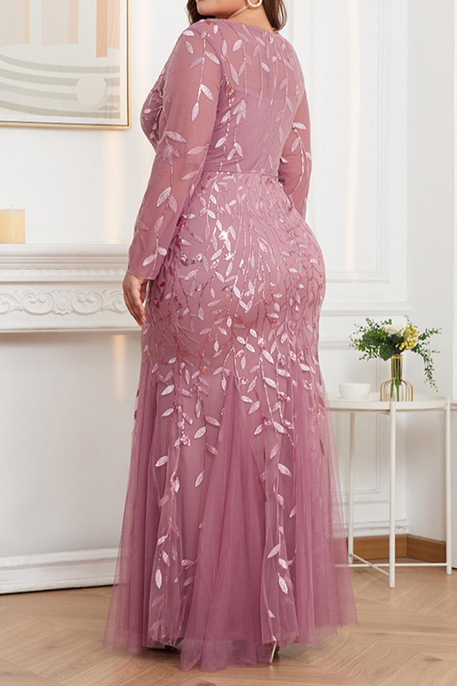 Plus Size Mesh Sequin Embroidery Mermaid Hem Maxi Dress