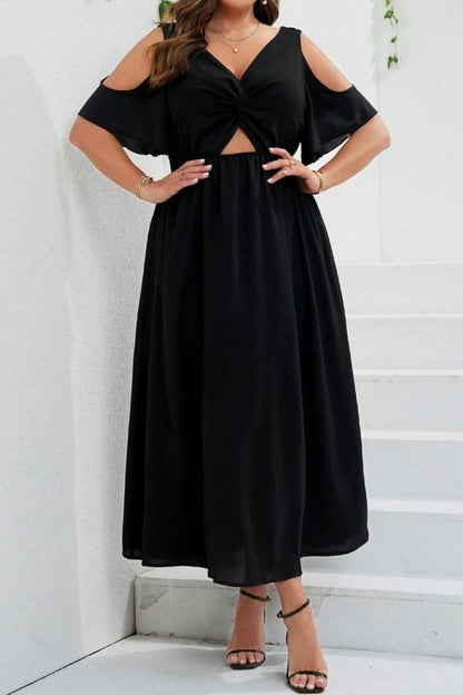 Plus Size V-Neck Cut-Out Black Midi Dress