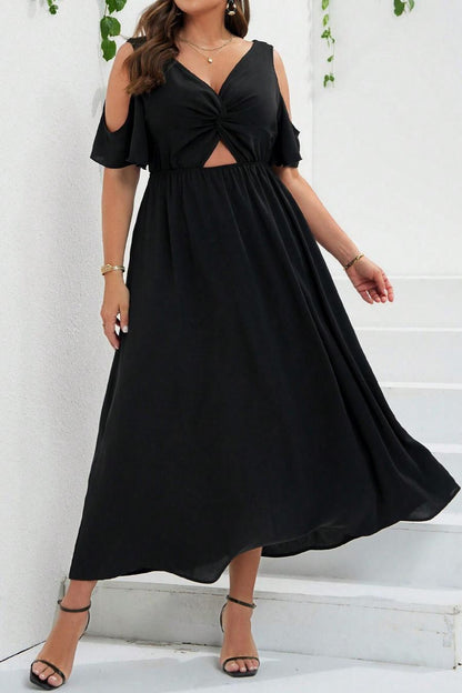 Plus Size V-Neck Cut-Out Black Midi Dress