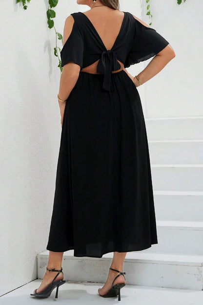 Plus Size V-Neck Cut-Out Black Midi Dress