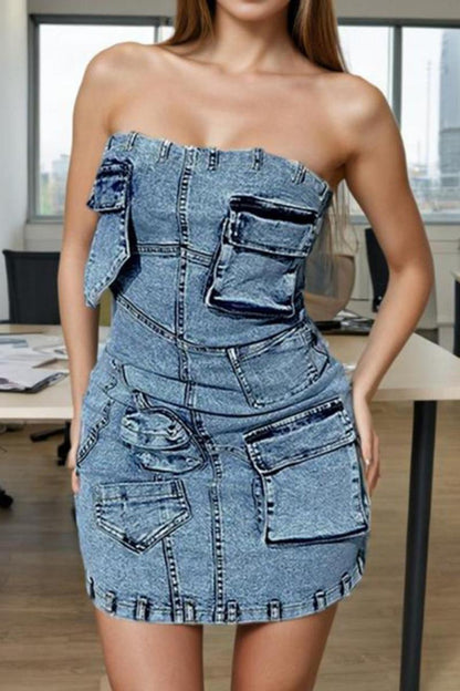 Multi-Pocket Bandeau Denim Mini Dress