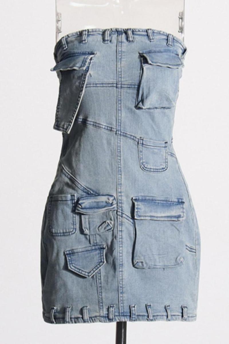 Multi-Pocket Bandeau Denim Mini Dress