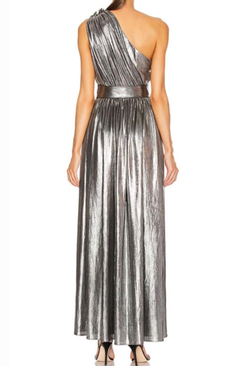 One-Shoulder High Slit Silver Foil Maxi Dress