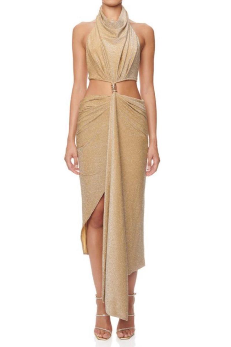 Cowl Halter Neck Cut-Out Chain Drip Maxi Dress