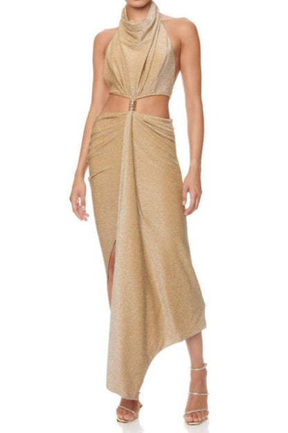 Cowl Halter Neck Cut-Out Chain Drip Maxi Dress