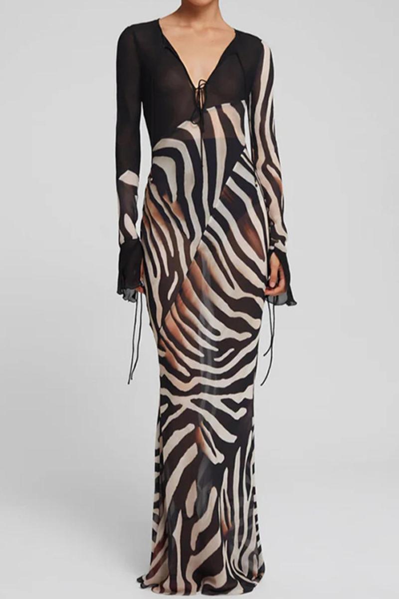 Sheer Zebra Print V-Neck Maxi Dress