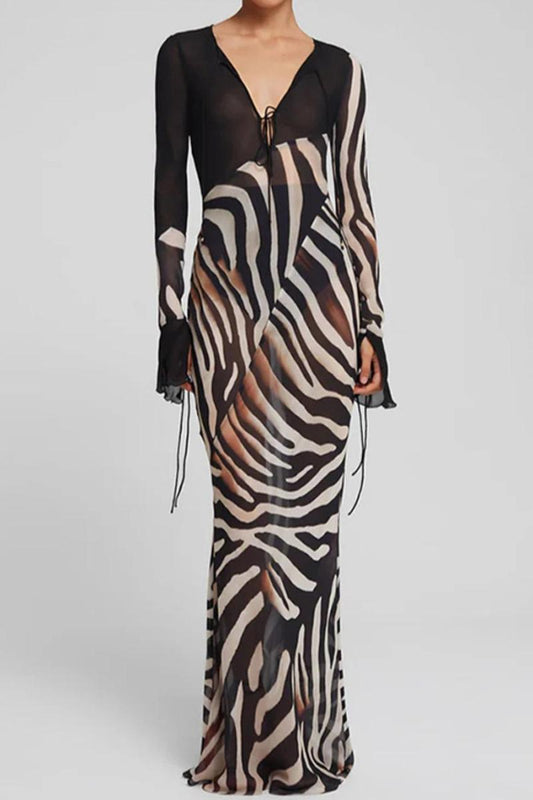 Sheer Zebra Print V-Neck Maxi Dress