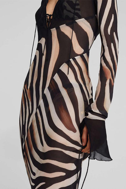 Sheer Zebra Print V-Neck Maxi Dress