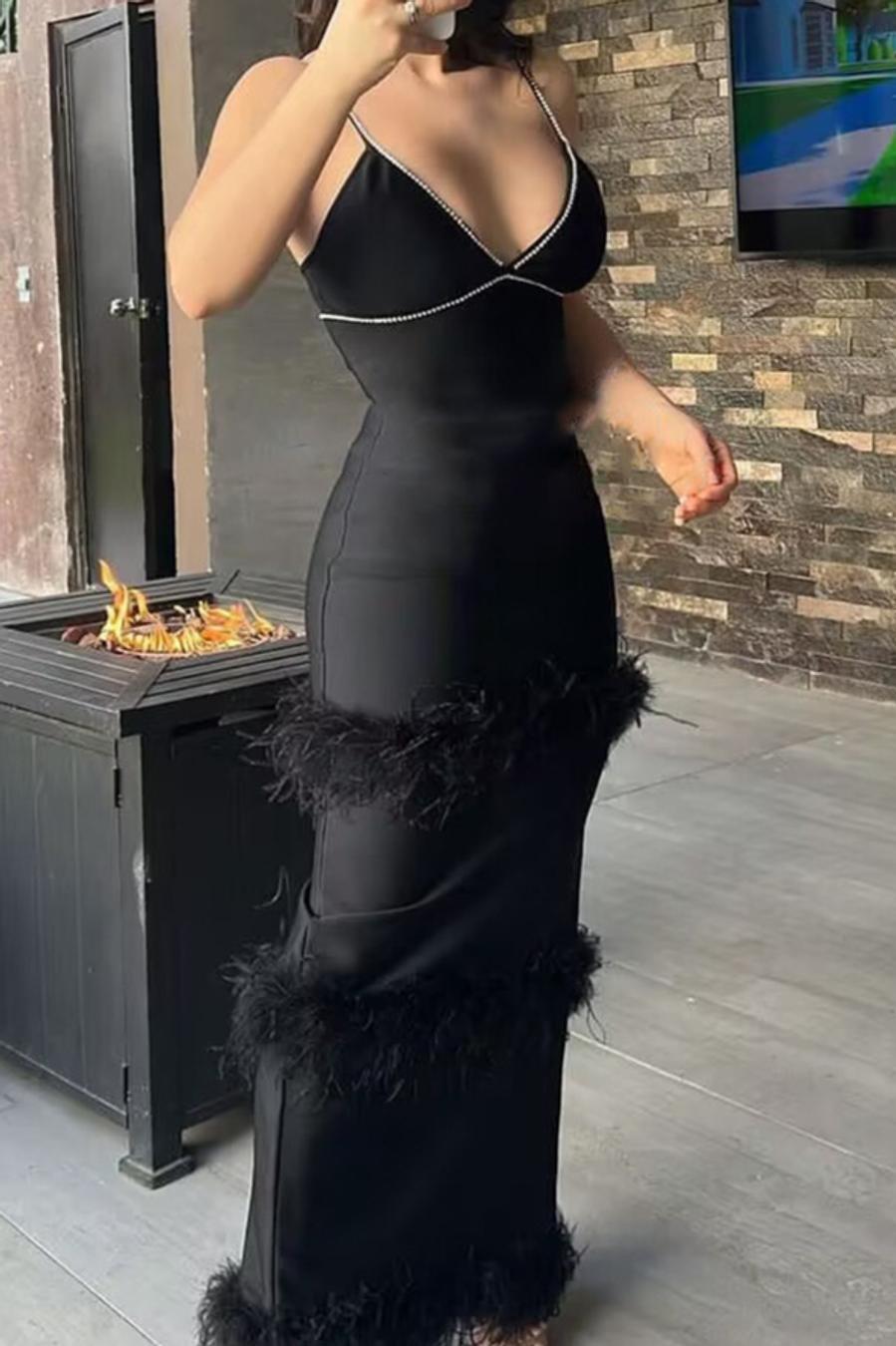 Black Rhinestone Feather Decor Slit Maxi Dress