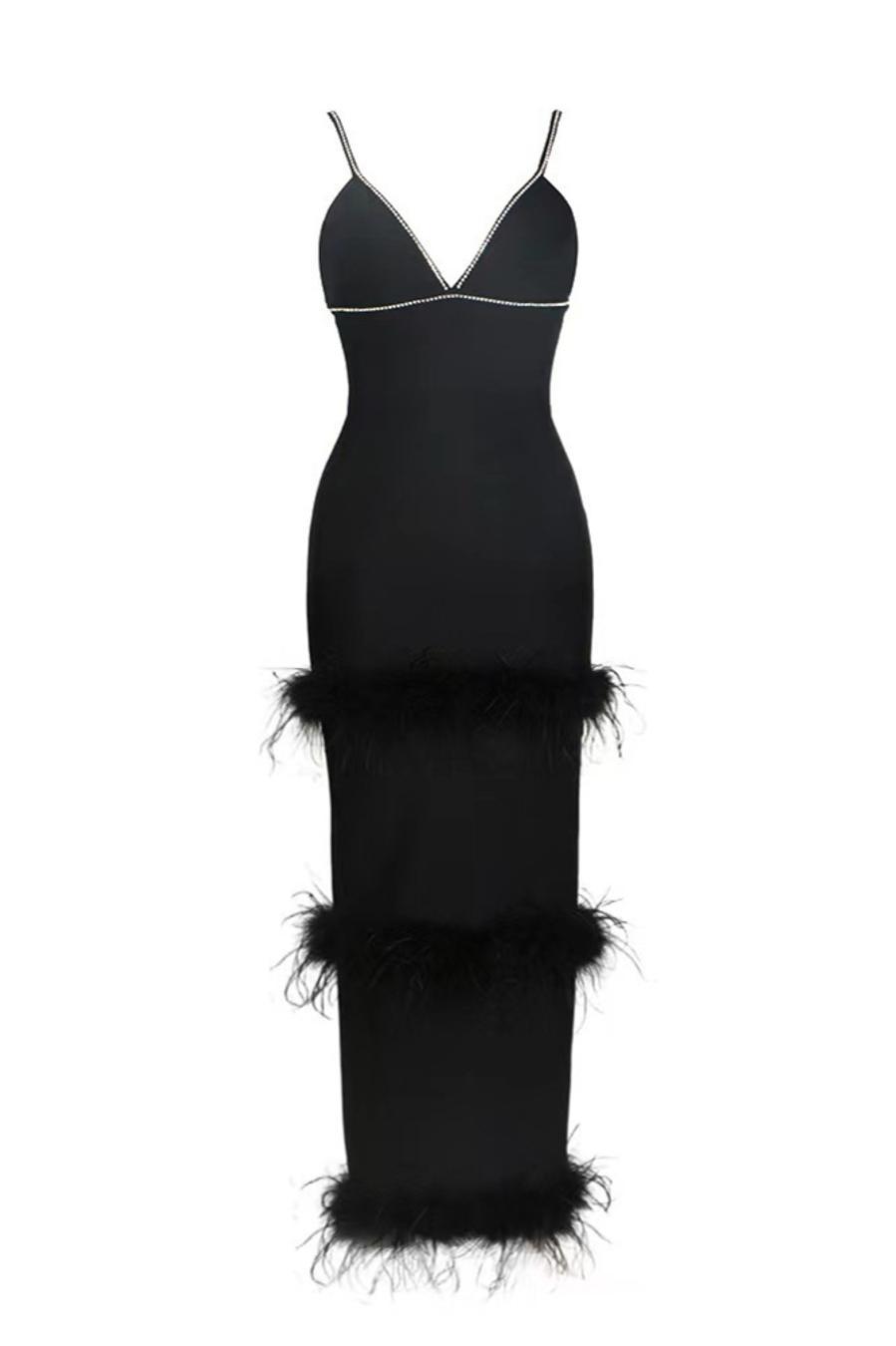 Black Rhinestone Feather Decor Slit Maxi Dress