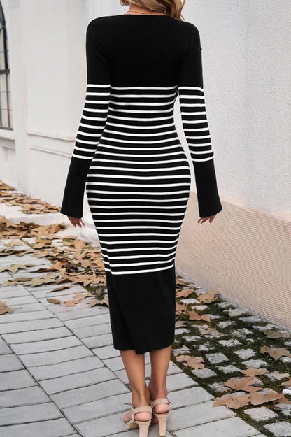 Stripe Knitted V-Neck Long Sleeve Midi Dress