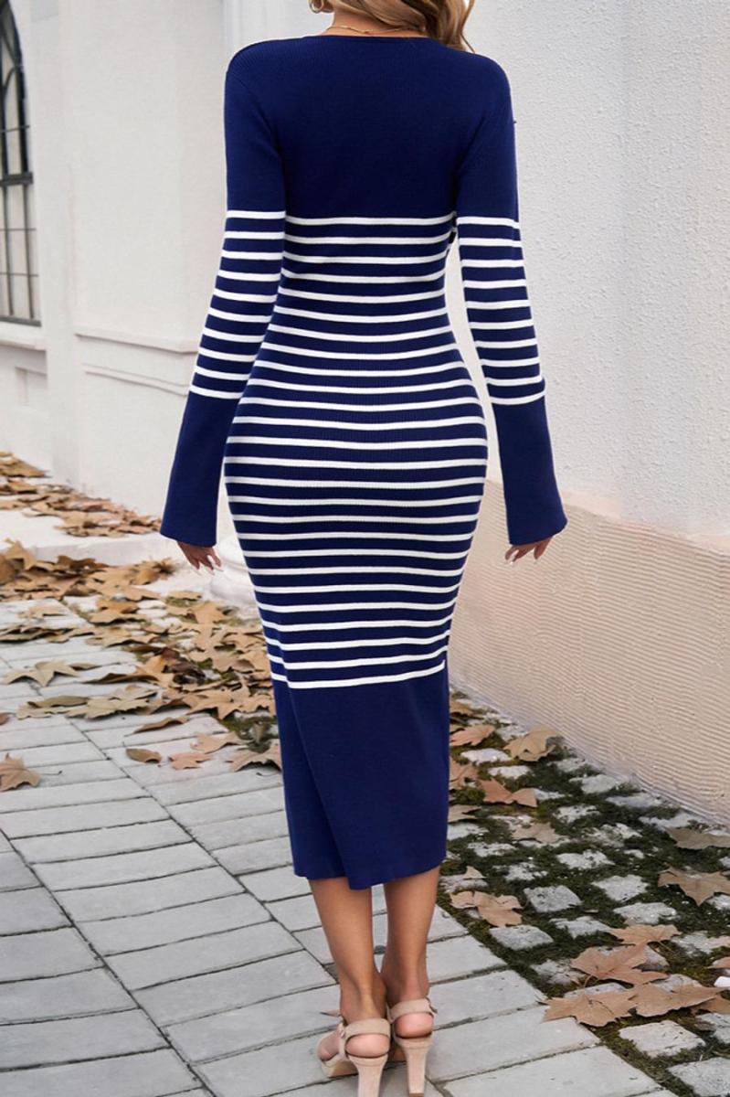 Stripe Knitted V-Neck Long Sleeve Midi Dress