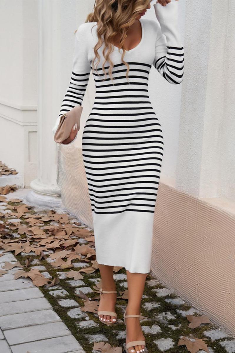 Stripe Knitted V-Neck Long Sleeve Midi Dress