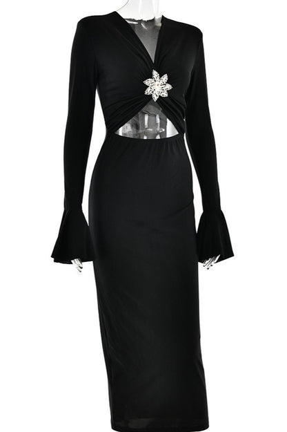 V-Neck Rhinestone Brooch Maxi Dress