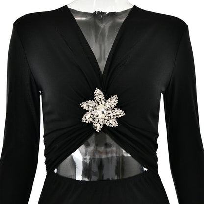 V-Neck Rhinestone Brooch Maxi Dress