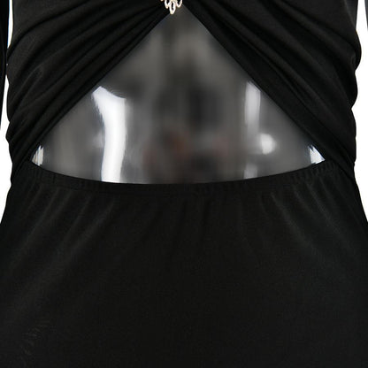 V-Neck Rhinestone Brooch Maxi Dress