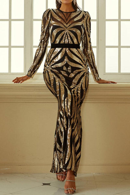 Sequin Decor Mesh Long Sleeve Maxi Dress