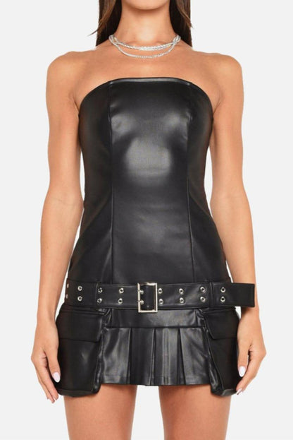 Tube Top Belted Faux Leather Mini Dress