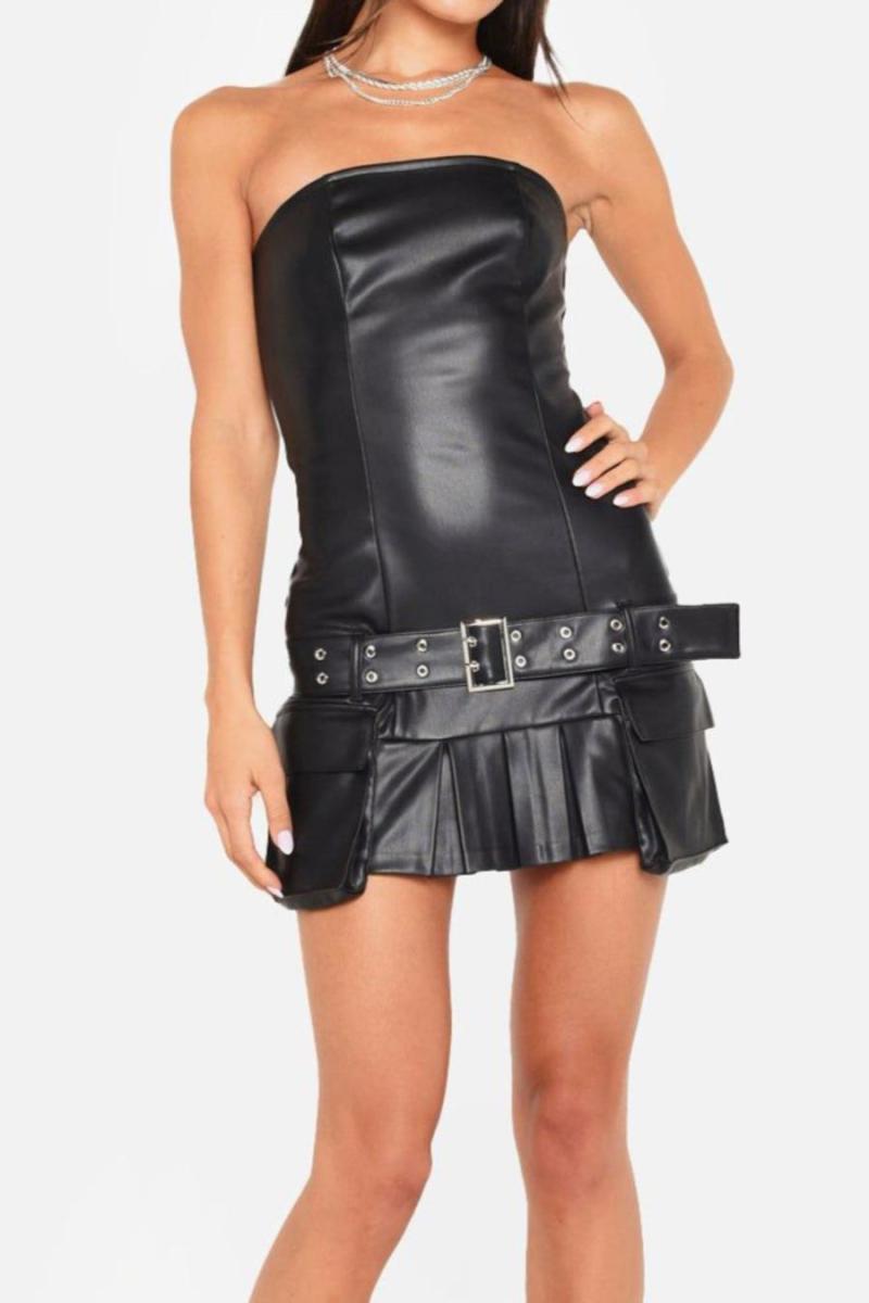 Tube Top Belted Faux Leather Mini Dress